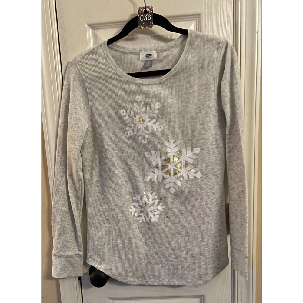 Old Navy Womens XXL Plus Gray Waffle Knit Snowflake Sequin Long Sleeve Thermal